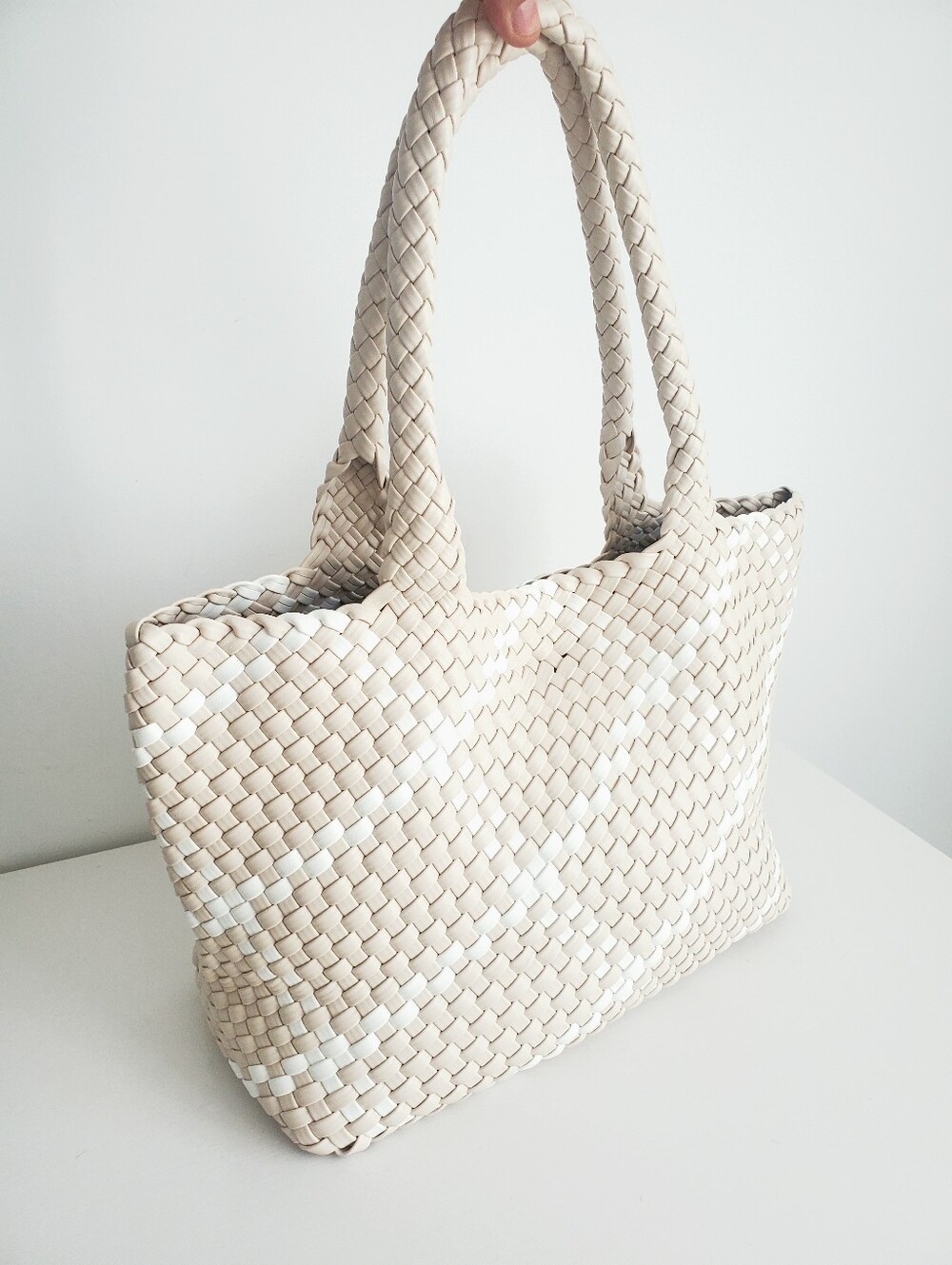Braided Cream Tote with White Accent Stripes